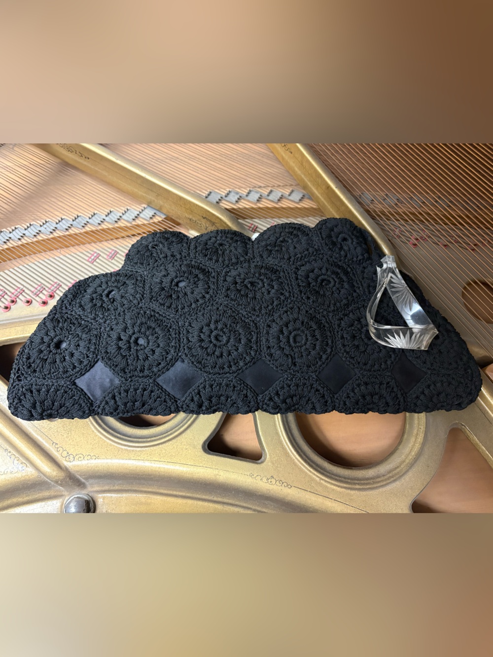RARE VintageBlack Crocheted Clutch Etched Acrylic Zip Handle Gimp Cord